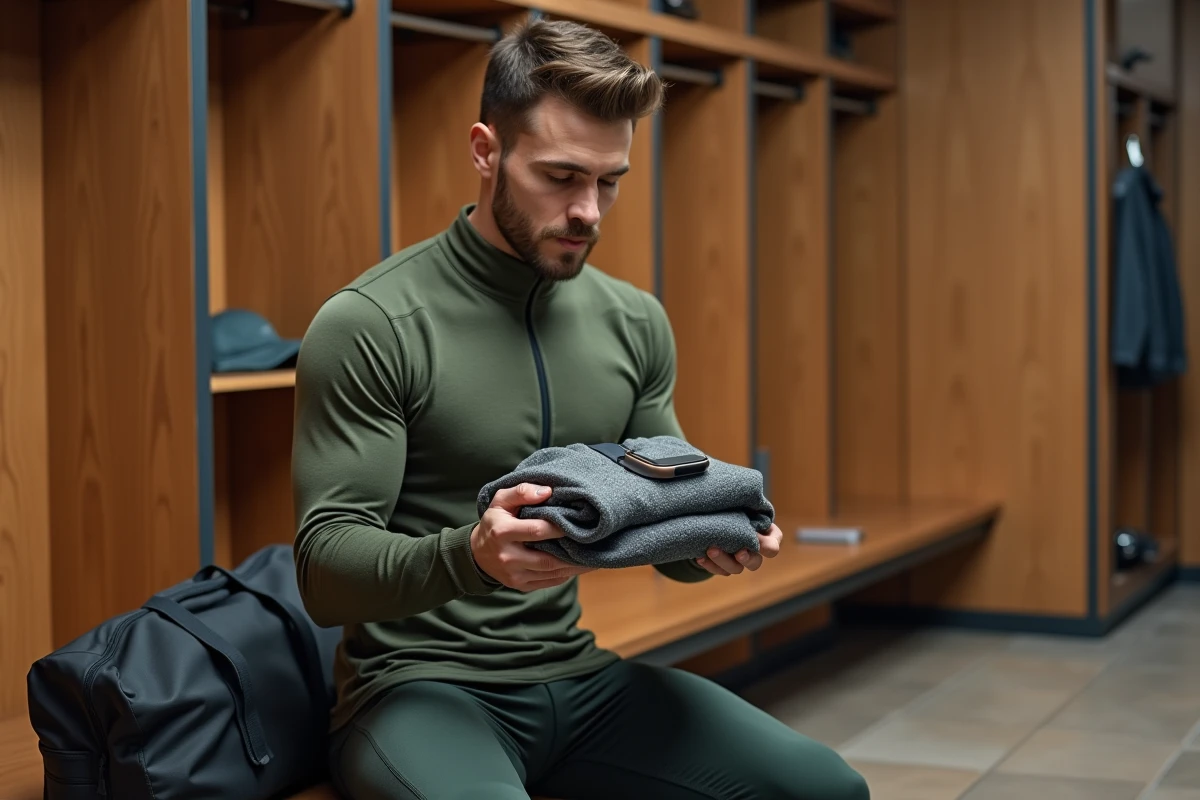 Homme sportif en vestiaire comparant un vêtement technique et un tracker fitness comme idées de cadeau