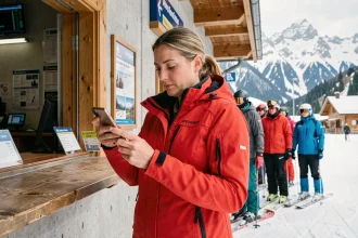 Skieuse comparant le prix d'un forfait journée et d'un forfait saison aux Deux Alpes au guichet d'une station alpine