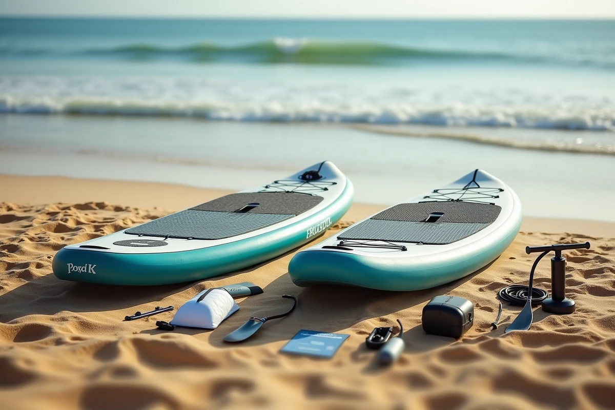 Comparaison d'un stand up paddle gonflable et d'un paddle rigide avec accessoires sur une plage de sable
