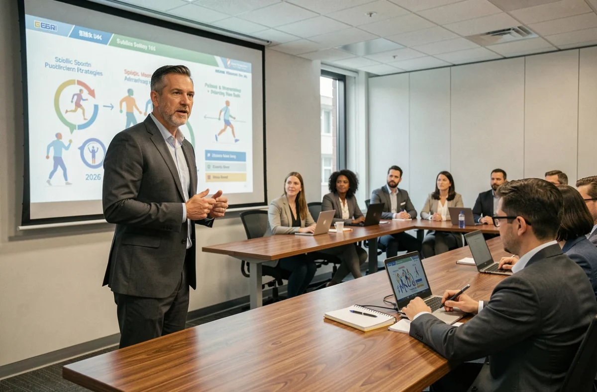 Responsable des politiques sportives présentant une stratégie de santé par le sport lors d'une conférence des County Sports Partnerships en 2026