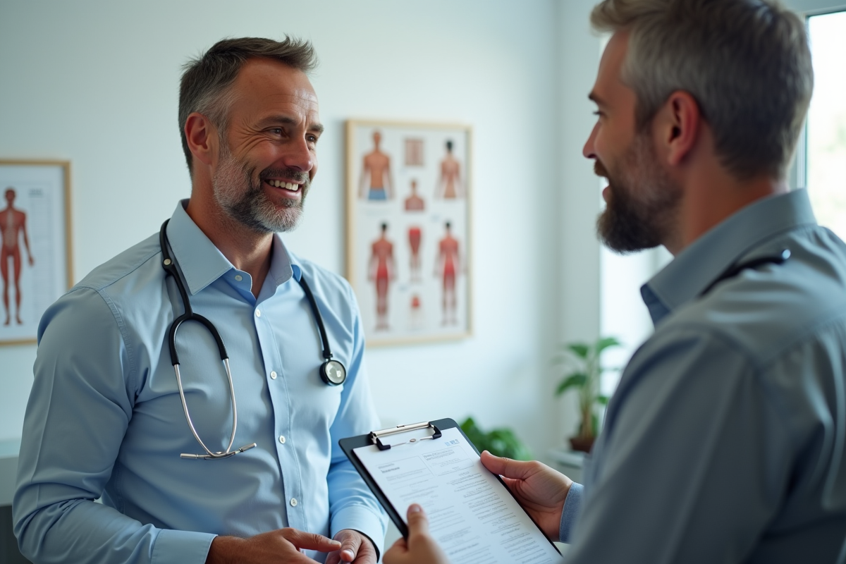 Homme consultant avec physiotherapeute dans une clinique lumineuse