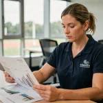 Coordinatrice de santé d'un County Sports Partnership analysant des données lors d'une réunion stratégique en 2026