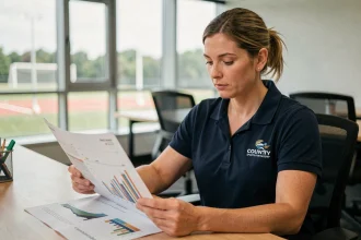 Coordinatrice de santé d'un County Sports Partnership analysant des données lors d'une réunion stratégique en 2026