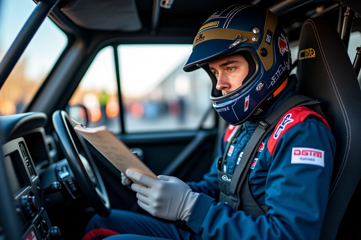 Co-pilote de rallye dans l'habitacle consultant les notes de route lors d'un service park
