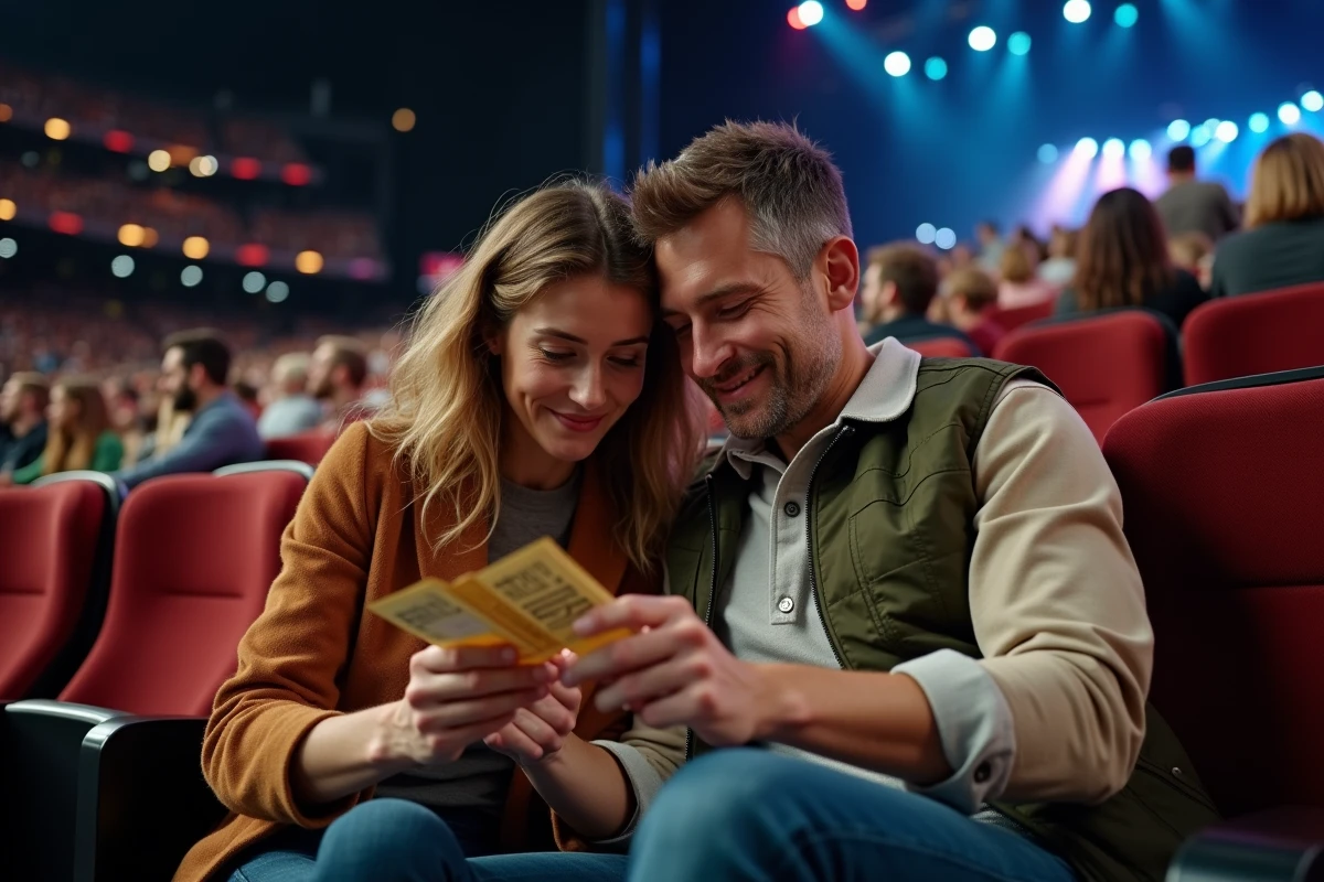 Couple comparant leurs billets avec les numéros de rangées dans la salle Bercy Arena