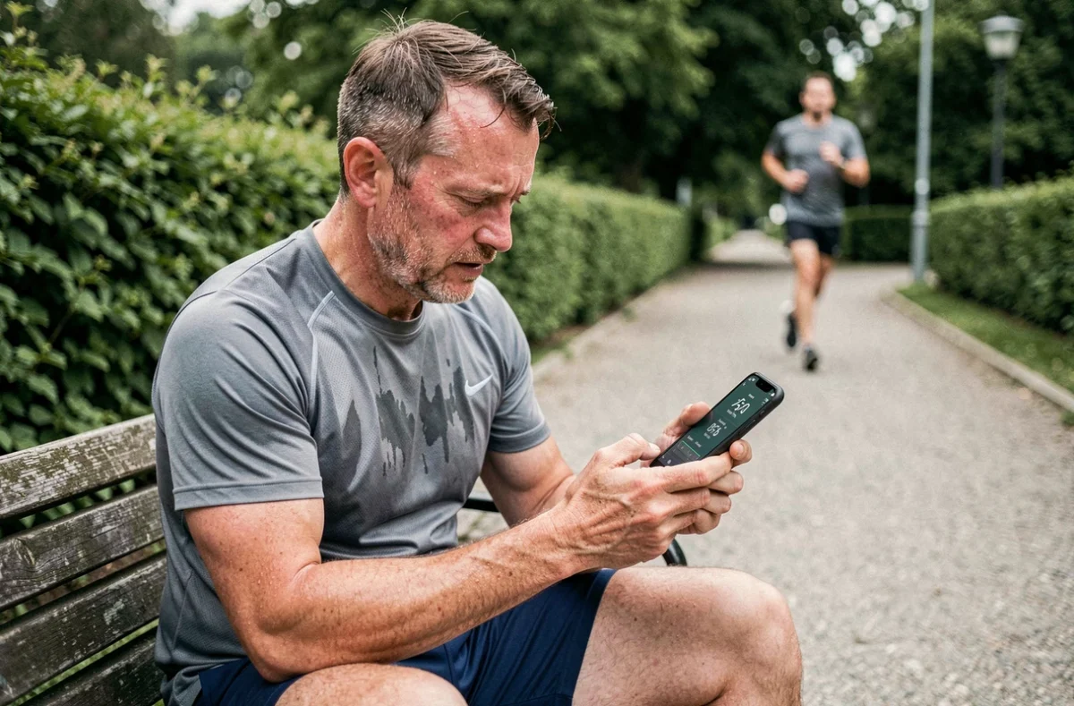 Coureur analysant son allure en km/h et min par kilomètre sur une application de running après un footing dans un parc