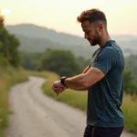 Jeune homme en tenue de sport vérifiant sa montre connectée en nature