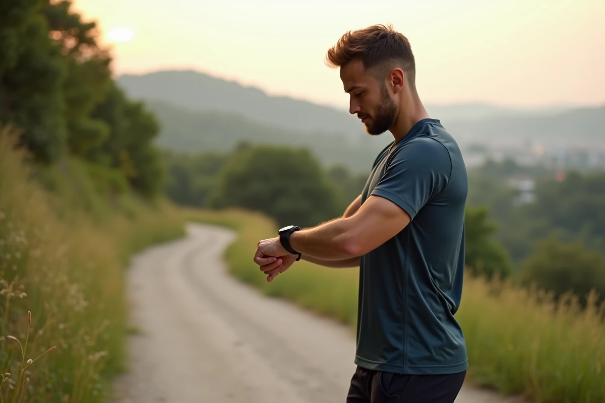 Jeune homme en tenue de sport vérifiant sa montre connectée en nature