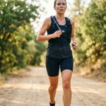 Coureuse d'endurance portant un gilet d'hydratation lors d'une course sur sentier, illustrant l'importance des électrolytes pour les sports d'endurance