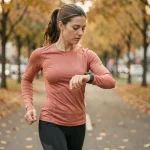 Coureuse vérifiant son allure en min par kilomètre sur une montre GPS pendant un footing en ville en automne