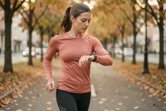 Coureuse vérifiant son allure en min par kilomètre sur une montre GPS pendant un footing en ville en automne