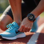 Coureur attachant ses chaussures près d'une piste asphaltée avec une montre affichant la distance