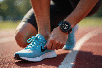 Coureur attachant ses chaussures près d'une piste asphaltée avec une montre affichant la distance