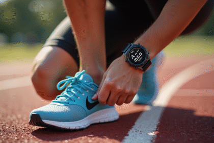 Coureur attachant ses chaussures près d'une piste asphaltée avec une montre affichant la distance