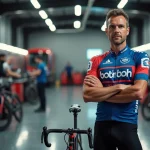 Cycliste professionnel en maillot d'équipe dans le garage d'un bus d'équipe lors du mercato 2026