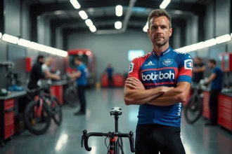 Cycliste professionnel en maillot d'équipe dans le garage d'un bus d'équipe lors du mercato 2026