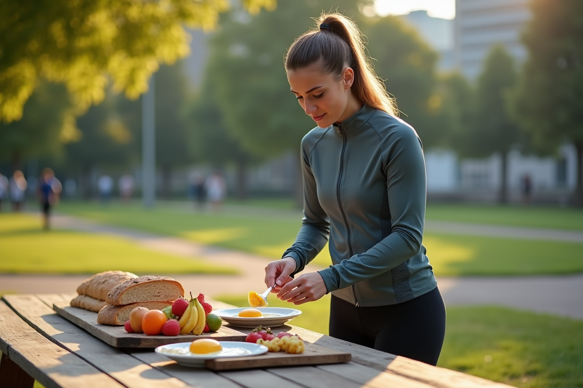 Femme cycliste préparant un petit déjeuner dans un parc au matin