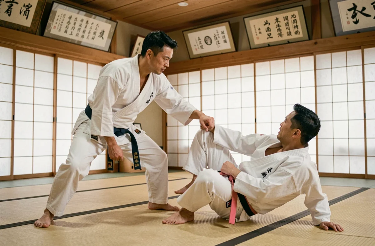 Deux pratiquants de daito-ryu aiki-jujutsu, art martial rare commençant par D, dans un dojo traditionnel japonais