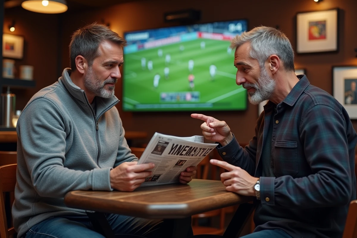Deux supporters débattent de la fiabilité des informations entre gazette sportive d'Amiens et réseaux sociaux du club dans un bar