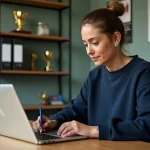 Administratrice de club de judo déclarant une compétition officielle sur l'extranet FFJDA depuis un bureau de club sportif