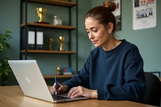 Administratrice de club de judo déclarant une compétition officielle sur l'extranet FFJDA depuis un bureau de club sportif
