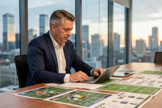 Directeur sportif du FC Barcelone analysant des dossiers de transfert lors du mercato 2026