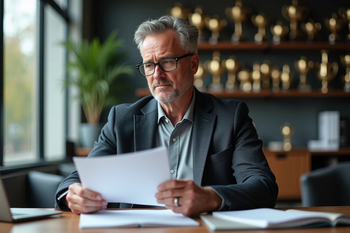 Directeur sportif d'une équipe cycliste examinant un contrat de transfert dans son bureau lors du mercato 2026