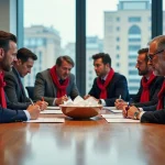 Quatre dirigeants de football français en réunion dans un bureau