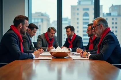 Quatre dirigeants de football français en réunion dans un bureau