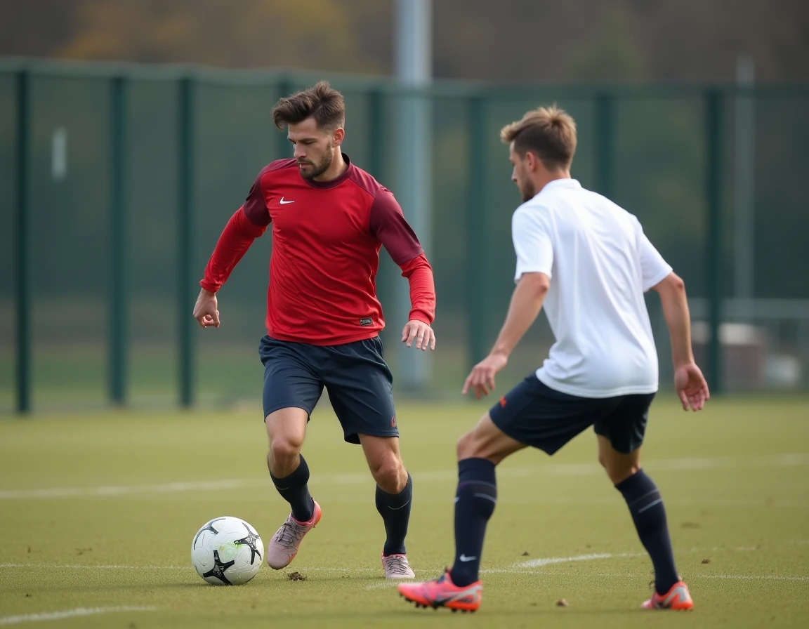 Deux joueurs de football lors d'un exercice de dribble technique en entraînement, l'attaquant dépose le défenseur grâce à un geste précis