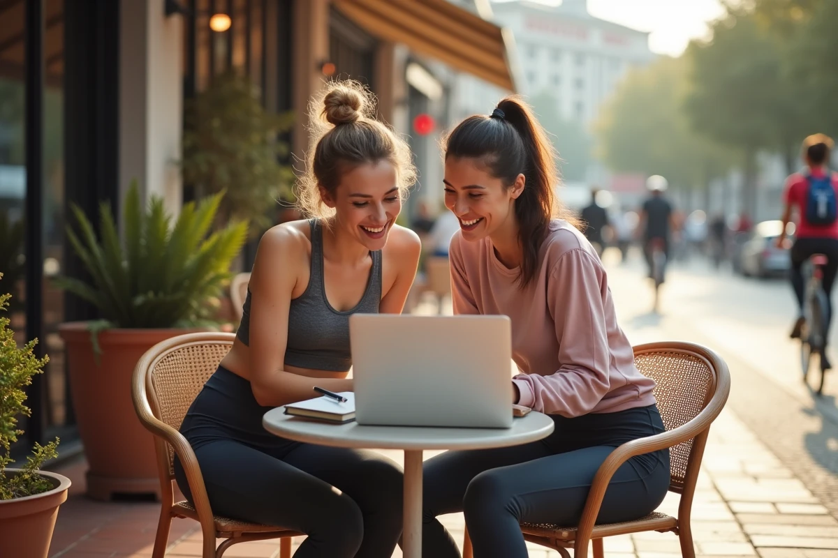 Deux femmes en tenue sportive consultant ensemble un site bien-être sur ordinateur portable en terrasse de café