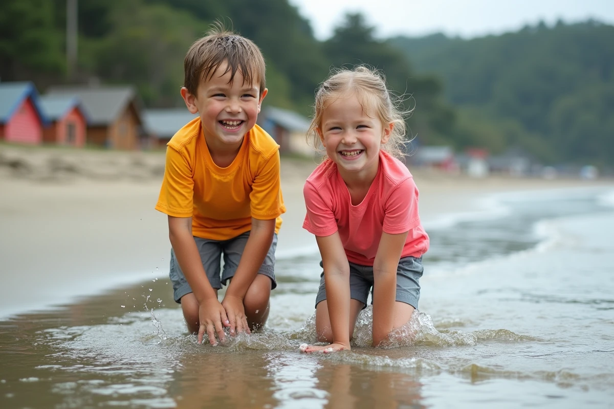 Enfants riant dans une mare peu profonde à Montalivet