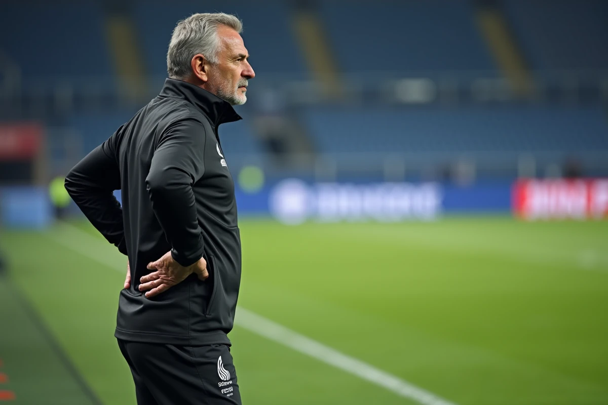 Entraîneur de l'OM pensif en bord de terrain lors d'une séance d'entraînement tendue