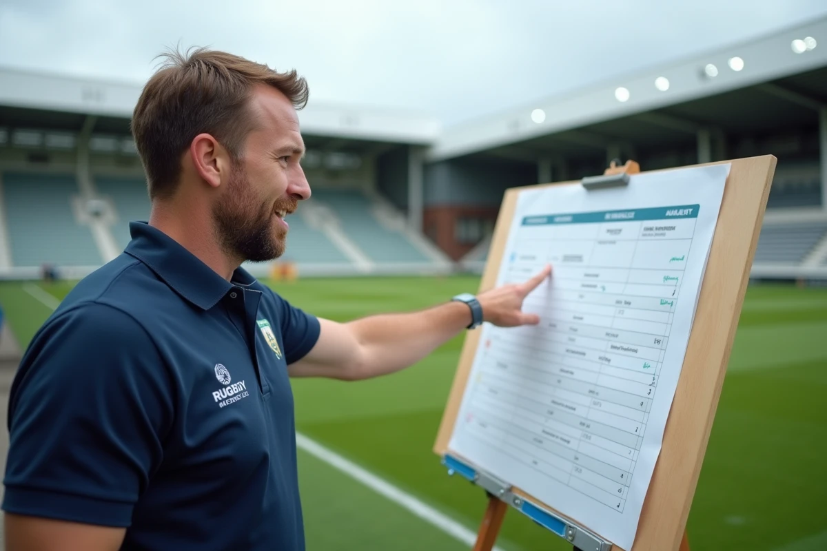 Entraîneur de rugby U20 présentant le calendrier des dates clés de la Coupe du monde sur un tableau tactique en bordure de terrain