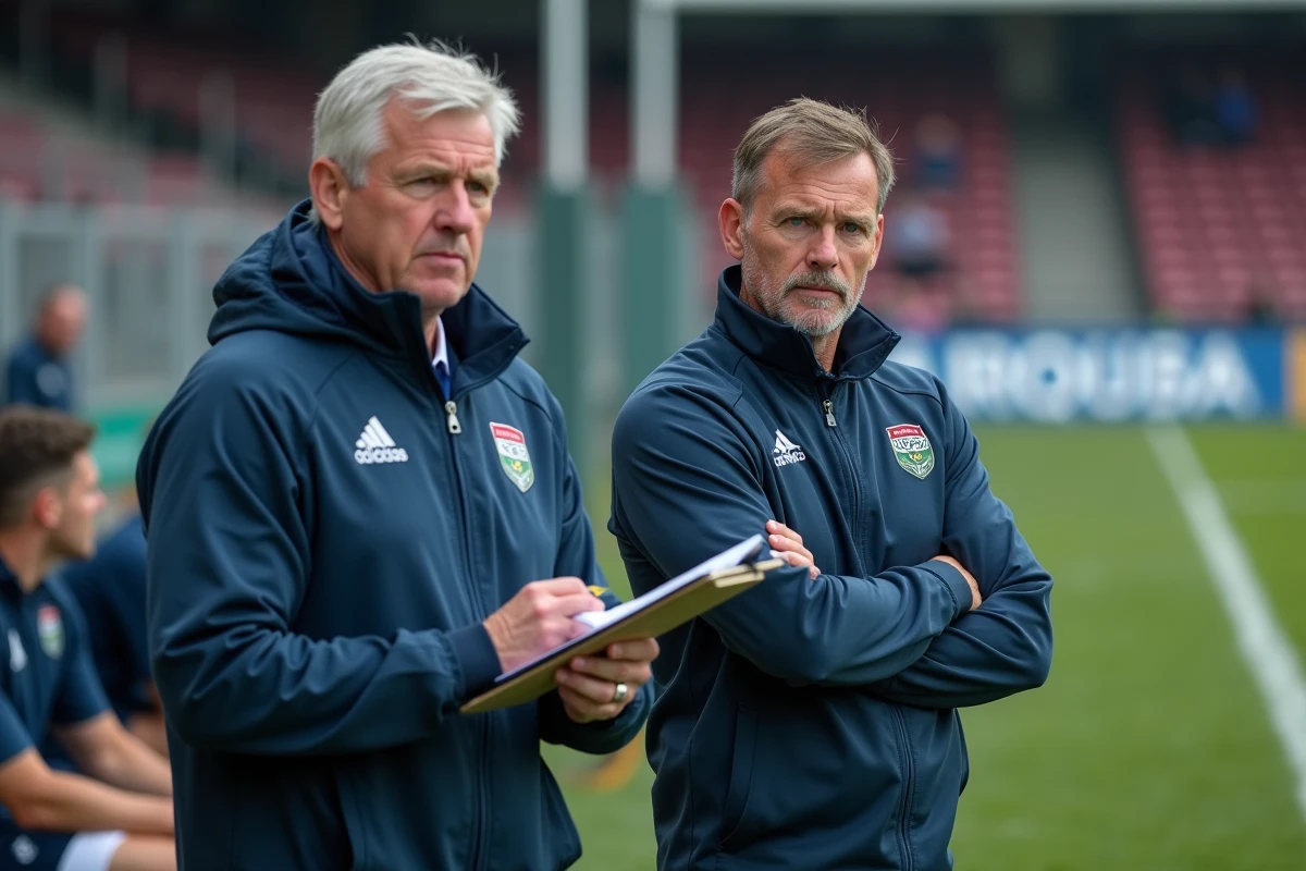 Deux entraîneurs de rugby analysent le match depuis la touche lors d'une rencontre de Fédérale, presse-papiers et tactiques en main