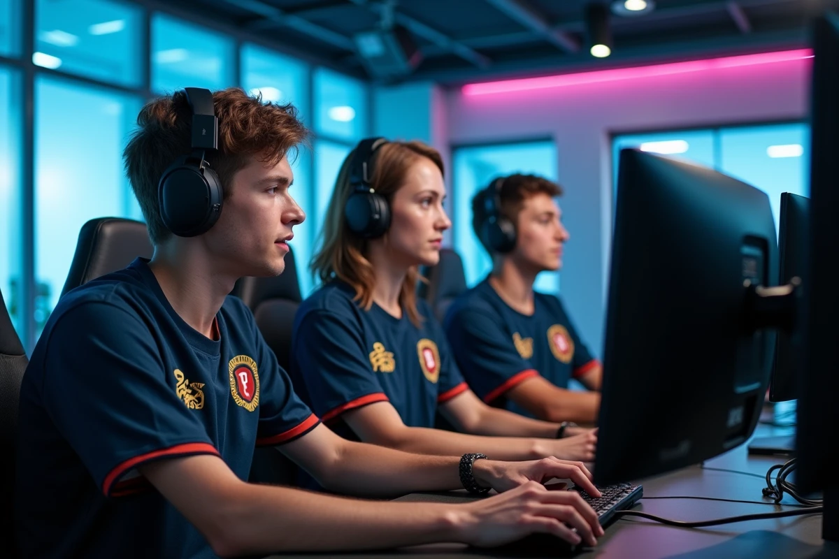 Équipe esport BMS en cabine de diffusion analysant les statistiques d'audience et les followers sur plusieurs écrans