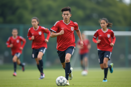 Jeunes joueurs de football en entraînement sur un terrain extérieur