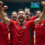 Groupe de joueurs de handball portugais célébrant leur victoire