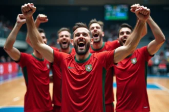 Groupe de joueurs de handball portugais célébrant leur victoire
