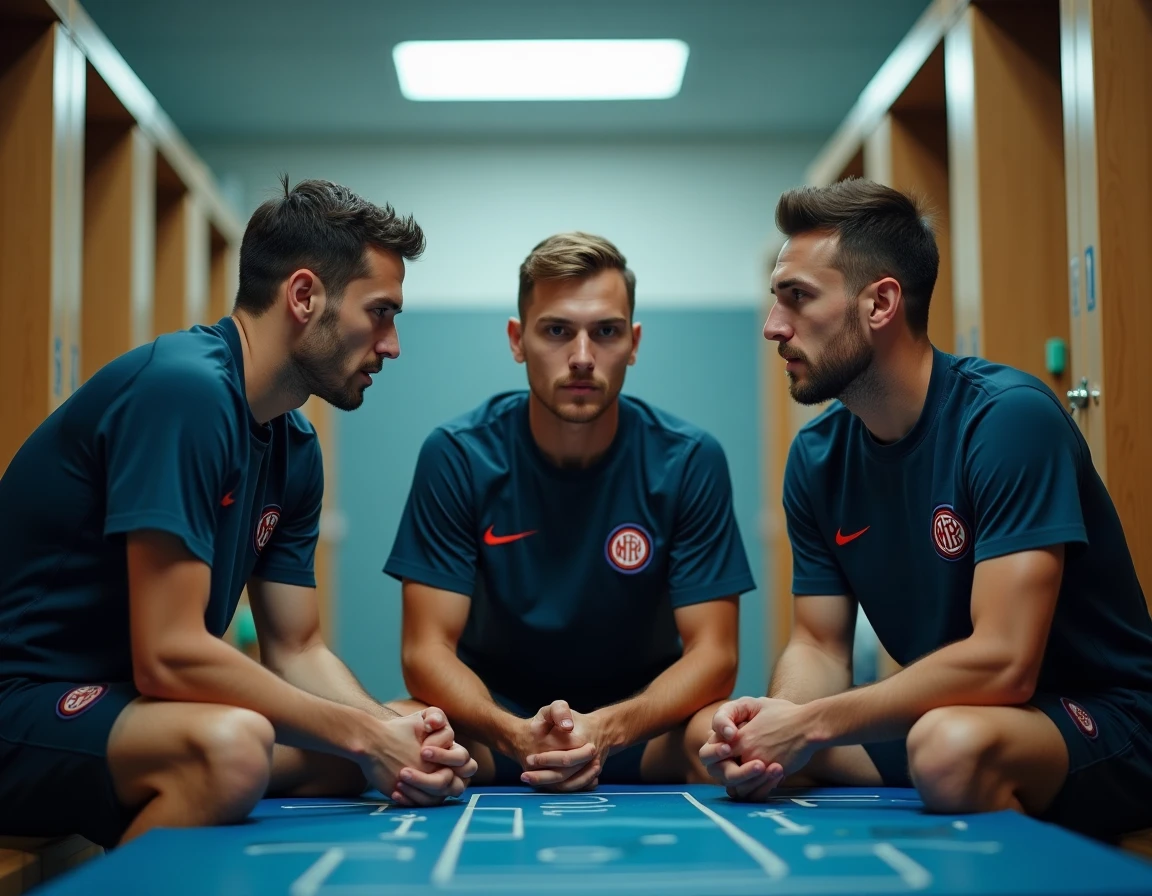 Groupe de joueurs de l'Inter Milan en discussion tactique dans le vestiaire avant un match de Ligue des champions