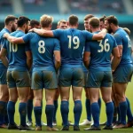 Équipe de rugby en cercle tactique sur le terrain lors d'un match de Fédérale, joueurs en maillots bleus et blancs discutant stratégie