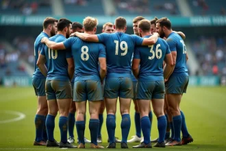 Équipe de rugby en cercle tactique sur le terrain lors d'un match de Fédérale, joueurs en maillots bleus et blancs discutant stratégie