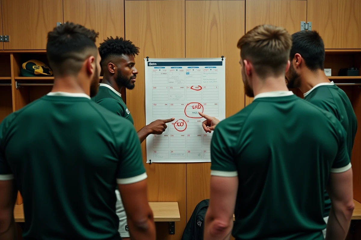 Groupe de joueurs de rugby U20 analysant le calendrier des matchs clés de la Coupe du monde dans un vestiaire d'équipe