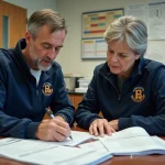 Deux adultes en vestes de sport examinent des formulaires dans un bureau