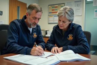 Deux adultes en vestes de sport examinent des formulaires dans un bureau