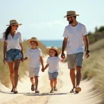 Famille de quatre marchant sur la plage de Montalivet