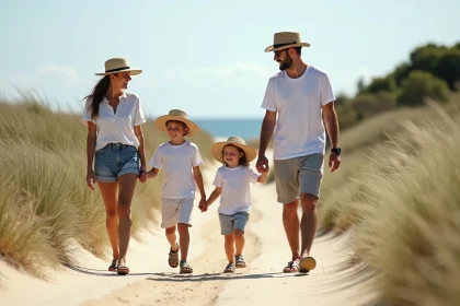 Famille de quatre marchant sur la plage de Montalivet