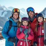 Famille souriante sur la neige à Les Meniures