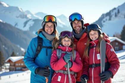 Famille souriante sur la neige à Les Meniures