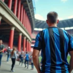Fan italien de football devant San Siro en tenue Inter Milan